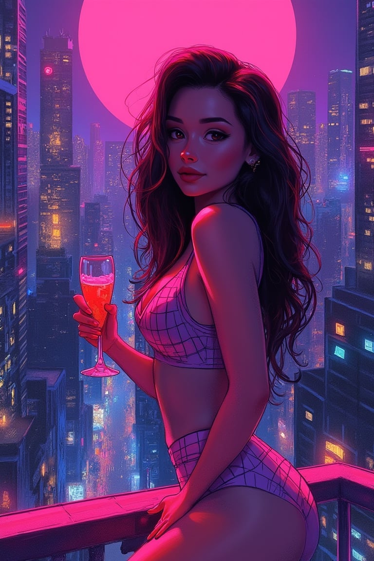 hntdlnwrk style, aesthetic, mad-vprwv cyberpunk woman, crowded rooftop party on skyscraper,magenta moon, dress, neon, grid on clothes, holding a drinking sparkling wine, light smile, swimwear, vaporwave.

art, colored pencil, sketch, painting, paper texture,art_solyanka,SKP-highly detailed,SamYoung_Illustration