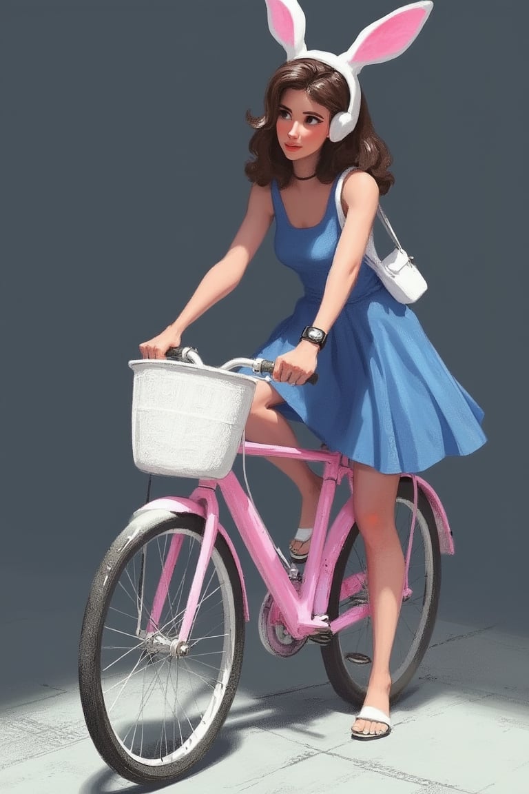 hntdlnwrk style, aesthetic, 

An animated image of a woman in a blue dress and white rabbit ears on her head. She is standing on a light gray floor. The bike she is riding is a light pink color with a white basket attached to the handlebars. The woman is wearing a black watch on her left wrist. Her hair is dark brown and her eyes are black. She has a white bag strapped to her right shoulder. Her left hand is on the handlebar of the bike. The background is a dark gray.

art, colored pencil, sketch, painting, paper texture,art_solyanka,SKP-highly detailed,SamYoung_Illustration,fluxtration