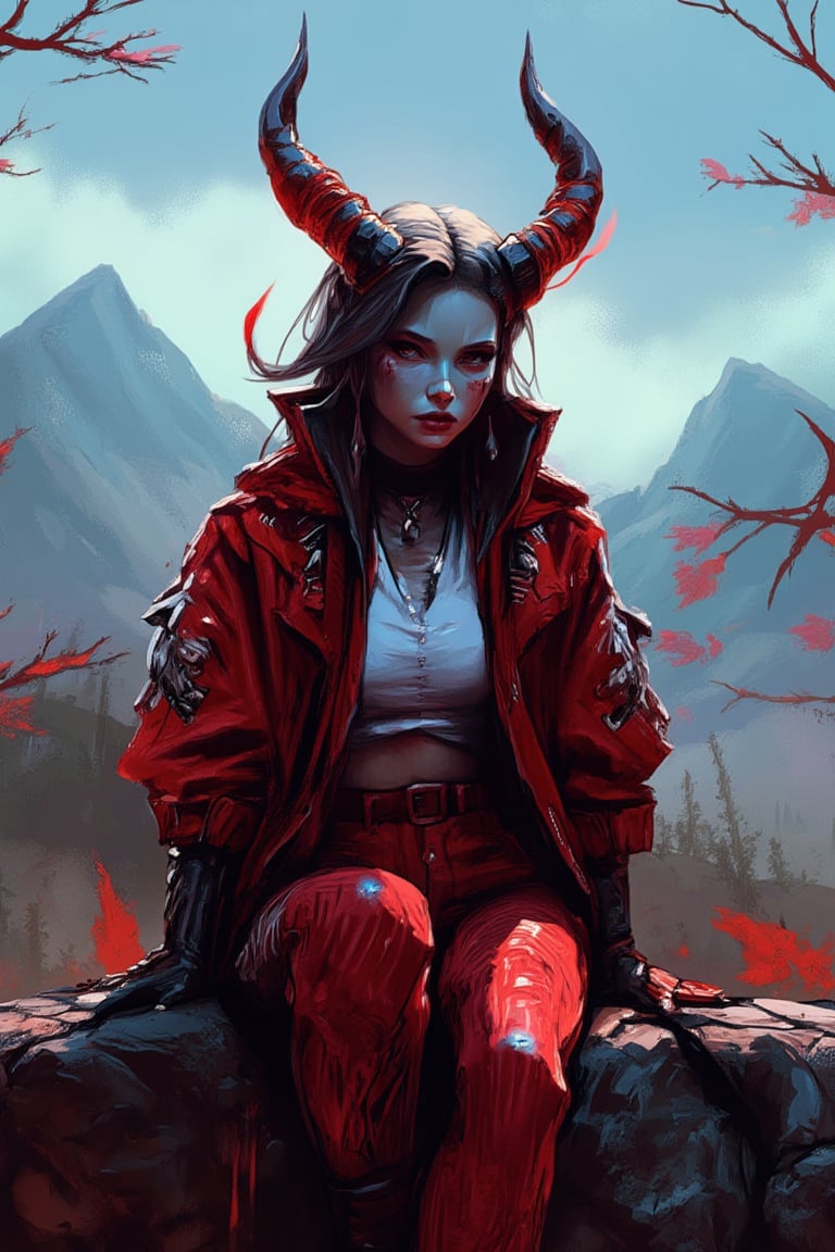 hntdlnwrk style, aesthetic, mad-vprwv cyberpunk,

a cartoon character, dressed in a red jacket, adorned with a white button-down shirt and red striped pants. The character's head is adorned with two horns, one on each side of her head and the other on the other. She is sitting on a rock, her legs crossed, and her hands resting on her knees. The background is blurred, revealing a mountain range, dotted with trees and foliage. The sky is a muted blue, with a few wispy clouds, adding a pop of color to the scene.

neon, vaporwave.

art, colored pencil, sketch, painting, paper texture,art_solyanka,SKP-highly detailed,SamYoung_Illustration,fluxtration