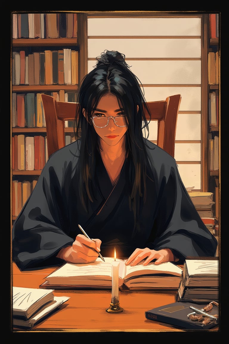 hntdlnwrk style, aesthetic, 

solo, long hair, black hair, long sleeves, 1boy, holding, sitting, male focus, japanese clothes, glasses, indoors, kimono, book, chair, border, table, messy hair, robe, open book, candle, black border, book stack, writing. An animated image of a man with long black hair and glasses. He is wearing a black kimono and is sitting at a brown wooden table. He has a pen in his right hand and a pencil in his left. There is a lighted candle on the table in front of him. There are shelves lined with books on both sides of it. Minimalism. 

art, colored pencil, sketch, painting, paper texture,art_solyanka,SKP-highly detailed,SamYoung_Illustration,fluxtration,ohwx style,chinese ink drawing