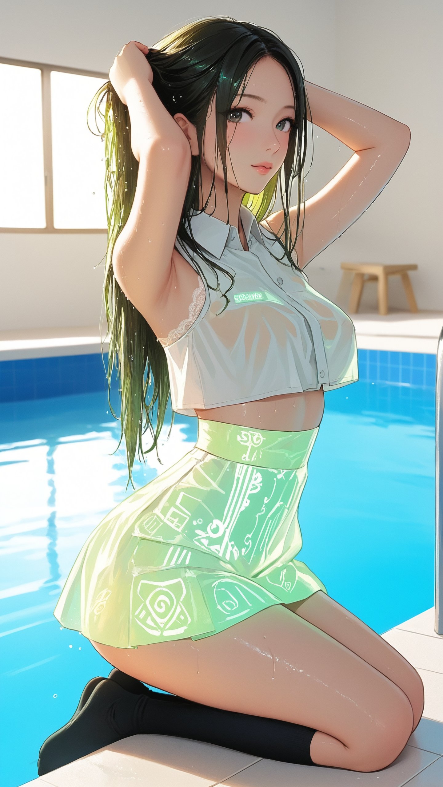 STICKER ON A WHITE BACKGROUND. green holographic silhouette, knee socks.
1girl, black long hair, transparent nightgrown, high waist skirt, turn back, lace, juicy ass, halfbody portrait, room, wet skin, wet hair, photoshoot, golden hour, sagging breast, warm sunset lighting, in pool, head on knees, huge teardrop breast, croptop, shoulder off, sleeve, collared shirt, view from top, tying hair.
anime waifu. Stylish. Cute, hot, shiny. Highly detailed uhd anime wallpaper, cel digital animation

,neon photography style