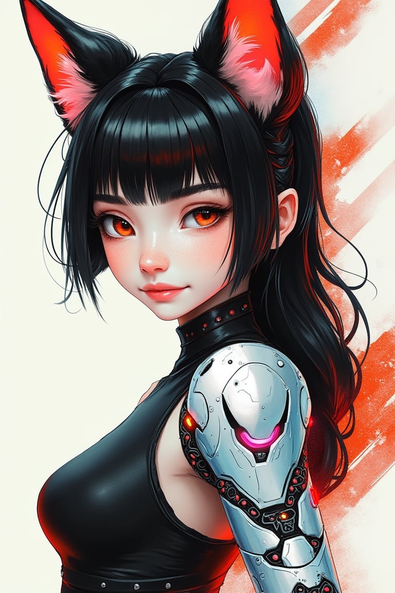 aesthetic,

score_9, score_8_up, score_7_up, (masterpiece, perfectly detailed, beautiful face, detailed eyes, vibrant colors), ultra HD, 8K, dog ears, dog tail, dog girl, black fur, white skin, red eyes, bags under eyes, small breasts, freckles, (closed eyes:1.2), smile, onna zuwari, (cyborg) wearing sleeveless dress, Metallic exoskeleton arms with intricate circuitry, glowing LED accents, Ceramic-coated legs braces with geometric patterns, iridescent ceramic finish, lightweight design, detailed design, intricate details, simple background,

add text to the bottom corner of "Drauka",

legendofnerd style, BREAK simple background, diagonal abstract structure on background, 

colored pencil, sketch, painting, paper texture,art_solyanka,SKP-highly detailed,SamYoung_Illustration