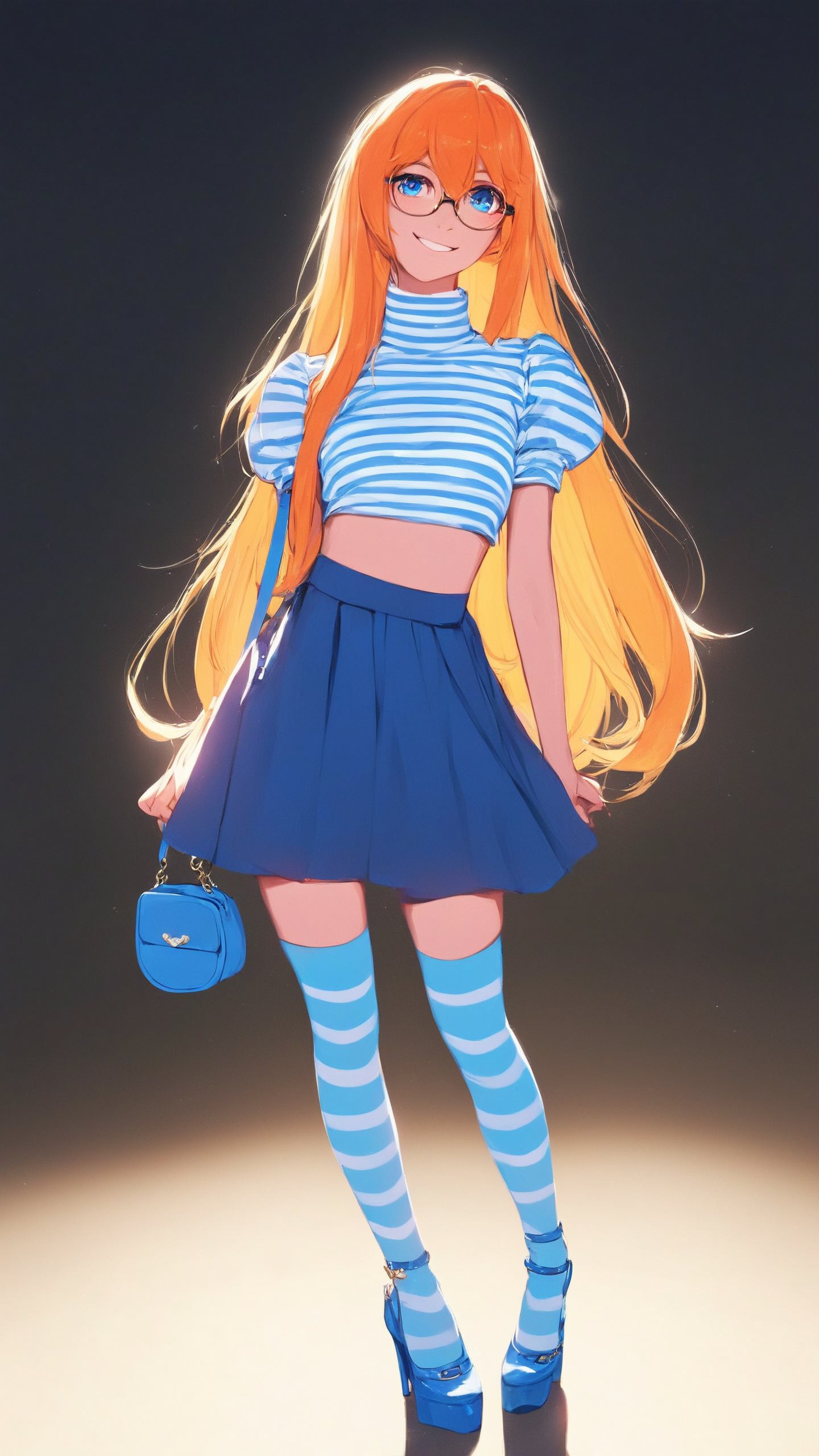 STICKER ON A WHITE BACKGROUND. green holographic silhouette, knee socks.
1girl, solo, long hair, looking at viewer, smile, bangs, blue eyes, skirt, simple background, shirt, thighhighs, hair between eyes, very long hair, standing, full body, short sleeves, heart, shoes, glasses, striped, puffy sleeves, signature, bag, orange hair, high heels, blue skirt, crop top, head tilt, turtleneck, black background, blue footwear, striped shirt, handbag, shoulder bag, blue thighhighs, aqua footwear.
photo shoot, photo_realism.
(dynamic view, photoshoot, golden hour, warm sunset lighting, shadows and dynamic lighting, soft lighting), dynamic view, splitter effect, waifu. Stylish. Cute, hot, shiny. Highly detailed uhd wallpaper, cel digital animation

,neon photography style, K-Eyes, score_9, score_8_up, score_7_up, score_6_up, score_5_up, score_4_up, just describe what you want, tag1, tag2