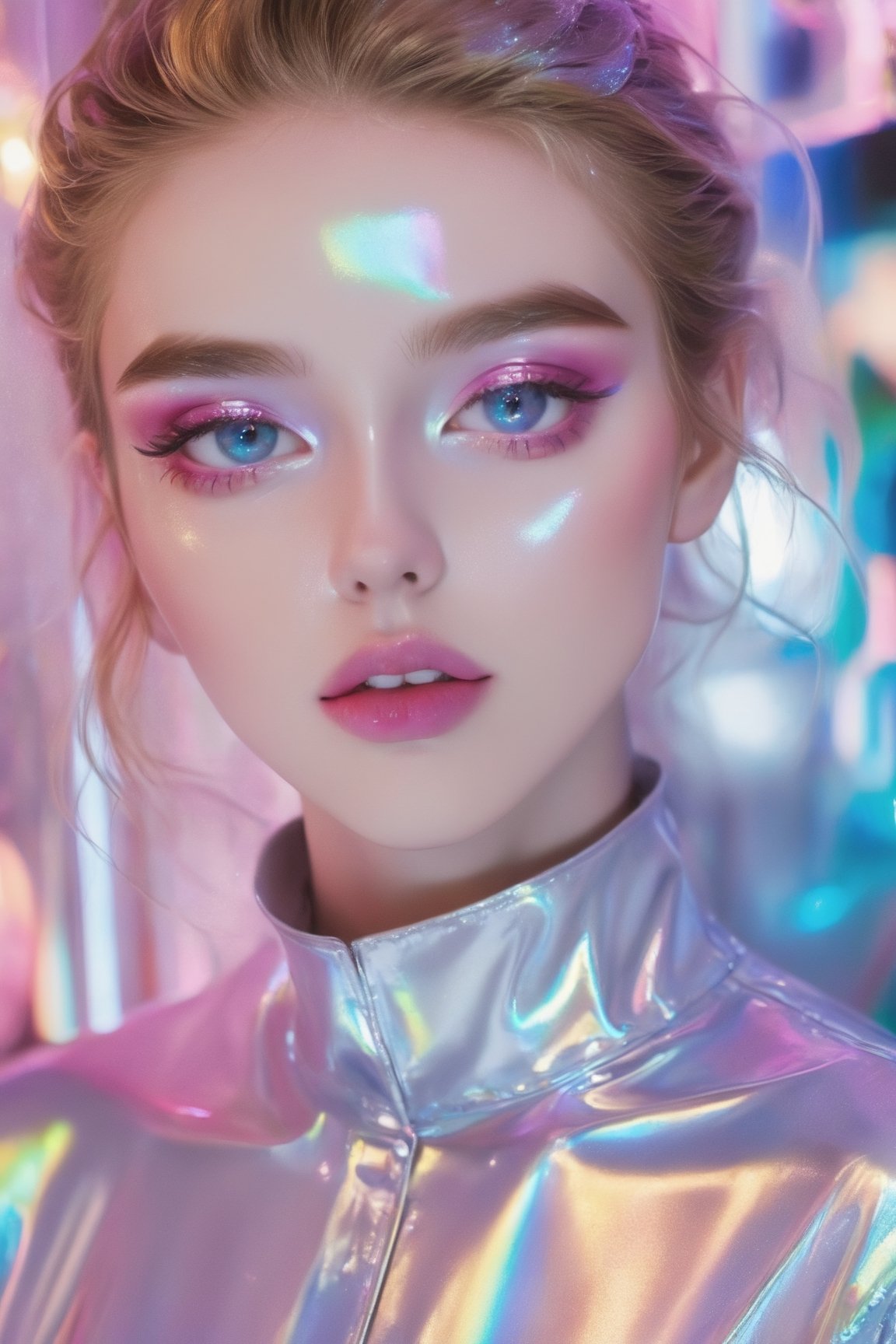 portrait, A young model, a stunning girl with big bright eyes, dressed in mother-of-pearl clothes that shimmer like a translucent neon sign, causing a feeling of freshness, renewal and brightness - the style of neon photography, wet makeup on her face, iridescent glitters on her eyelids and lips, K-Eyes