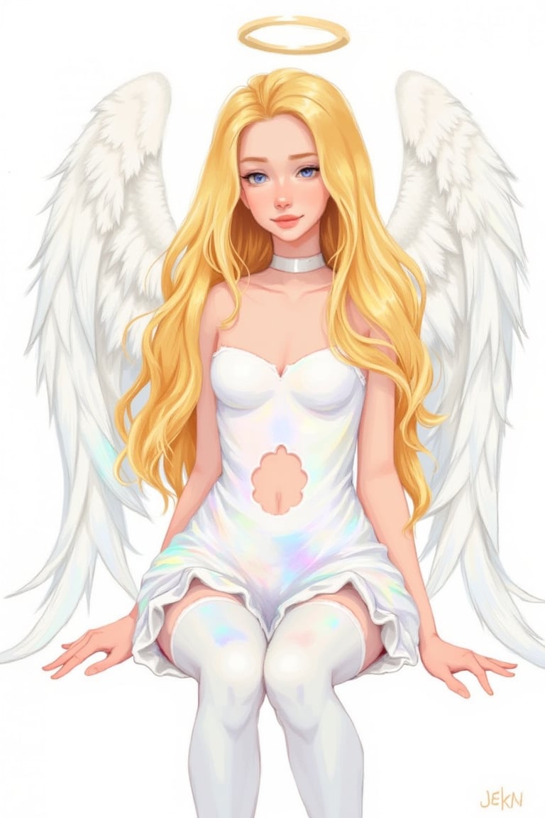 aesthetic,
colorful, 1girl, angel print, long hair, halo, solo, white wings, golden hair, white dress, print legwear, medium breasts, white pantyhose, looking at viewer, bare shoulders, blue eyes, choker, feathers, clothing cutout, strapless, very long hair, white background, heart cutout, sitting, facing forward,

lightweight design, intricate details, legendofnerd style, BREAK abstract structure on background, 

colored pencil, sketch, painting, paper texture,art_solyanka,SKP-highly detailed,SamYoung_Illustration