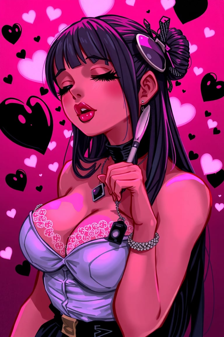 hntdlnwrk style, aesthetic, goth girl, large breasts, glowing lights, glowing, (straight hair), g0thicPXL, long eyelashes, blushing, (blowing a kiss), floating black hearts.

art, colored pencil, sketch, painting, paper texture,art_solyanka