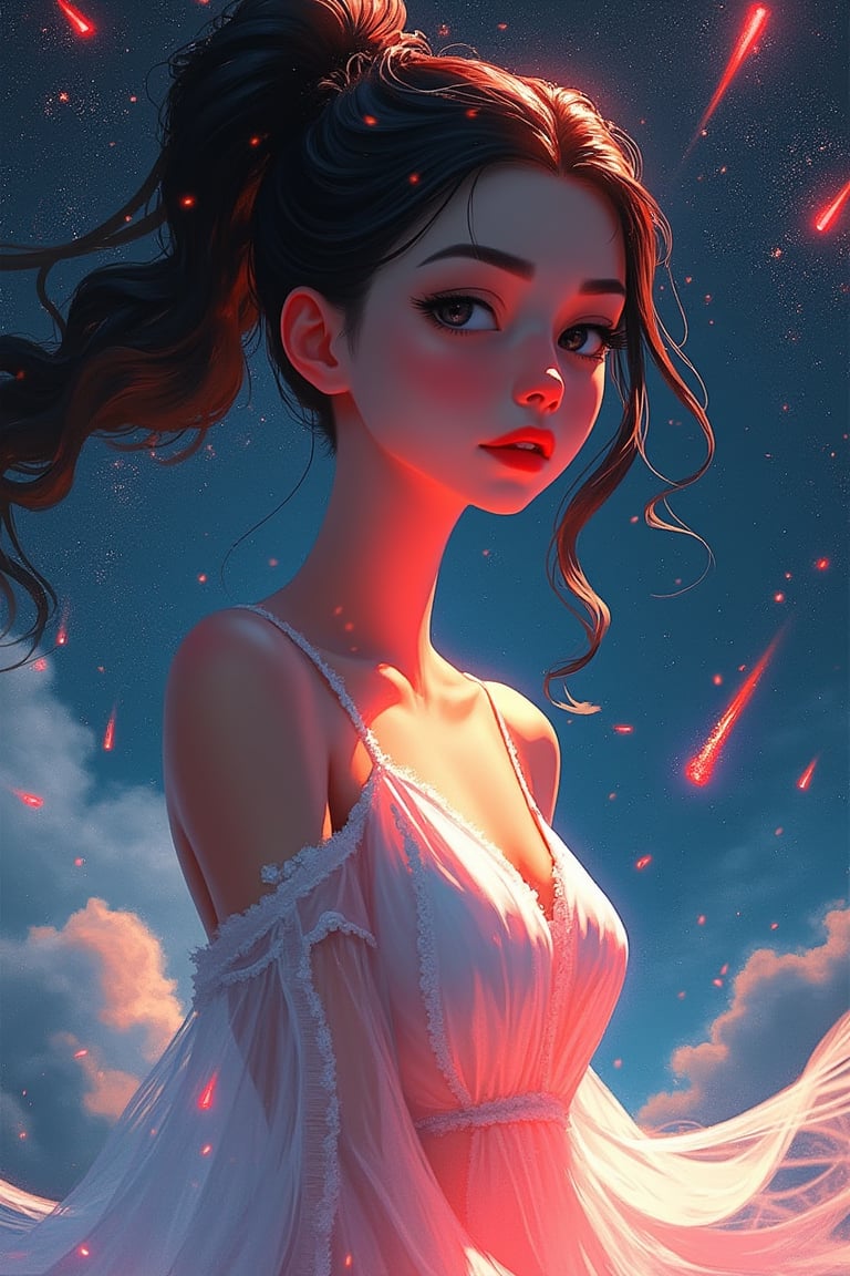 aesthetic,
chromatic aberration, sineprin,1girl, black hair, black eyes, looking at viewer, misty background with falling comets, starry sky background, red highlights, white dress with magical effects, upper body, ponytail, closed lips, slender, dynamic pose, emphasized meteor shower, shooting stars in the sky,

lightweight design, intricate details, legendofnerd style, BREAK abstract structure on background, 

colored pencil, sketch, painting, paper texture,art_solyanka,SKP-highly detailed,SamYoung_Illustration