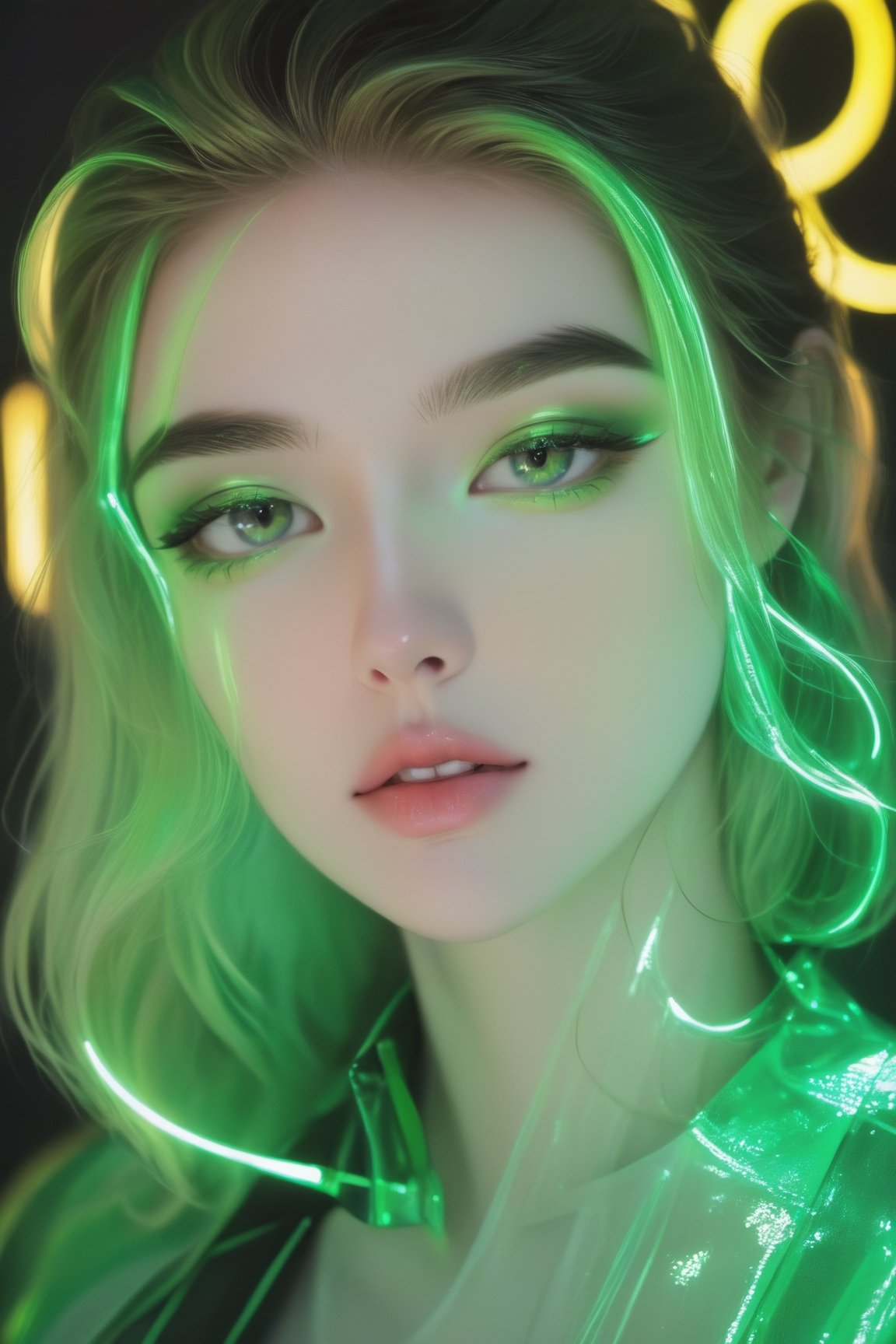 A young model, stunning girl wears a shade of green that shimmers like a translucent neon sign, evoking feelings of growth, renewal, and vibrancy,neon photography style, K-Eyes