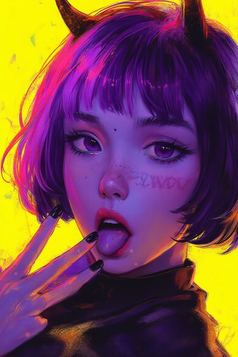 hntdlnwrk style, aesthetic, mad-vprwv cyberpunk,

A digital art painting of a woman, core_9,score_8_up,score_7_up,score_6_up, 1girl, solo, tongue, purple eyes, tongue out, bangs, looking at viewer, makeup, black nails, short hair, purple hair, fang, portrait, nail polish, bob cut, eyeliner, close-up, oni horns, yellow background, eyeshadow, eyelashes, short eyebrows, fingernails, blunt bangs, open mouth, finger to mouth, thick eyebrows.

neon, vaporwave.

art, colored pencil, sketch, painting, paper texture,art_solyanka,SKP-highly detailed,SamYoung_Illustration,fluxtration