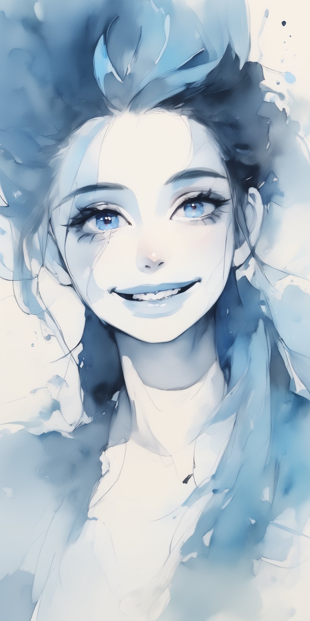 extremely beautiful anime girl, 25 yo, cyan_body, full body, in the style of nicola samori, blue eyes, long dark hair, smiling at viewer,dramaticwatercolor,K-Eyes