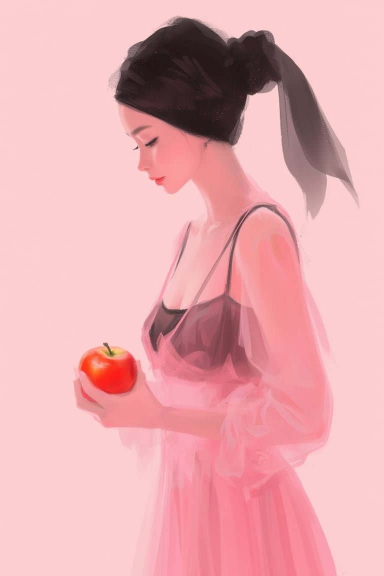 hntdlnwrk style, aesthetic, 

An abstract digital art painting depicting a woman in a semi-transparent modest pink dress and a black bra. Portrait in profile, A woman holding an apple in her right hand. On her head she has a black plain little scarf. abstract minimalistic pastel light pink background. Minimalism. 

art, colored pencil, sketch, painting, paper texture,art_solyanka,SKP-highly detailed,SamYoung_Illustration,fluxtration