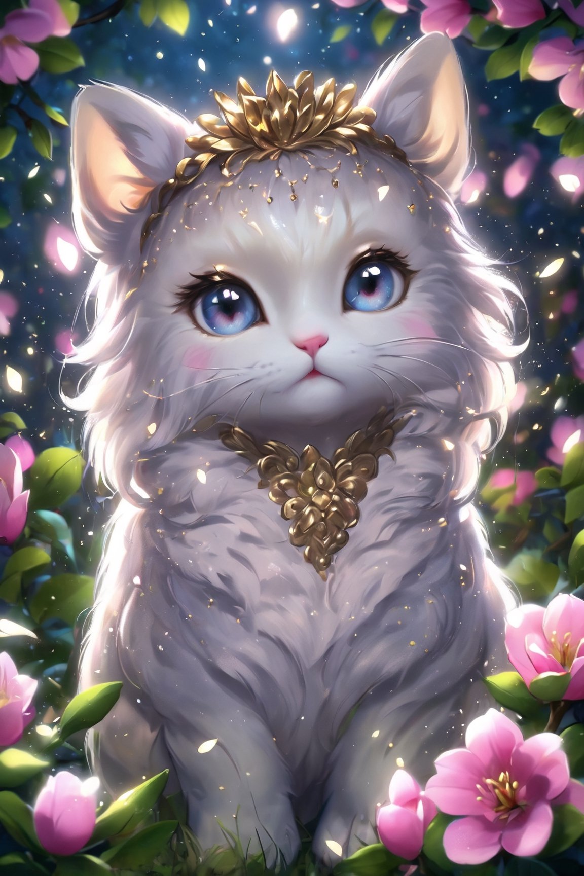 Realistic cat in a flower wreath of magnolias, pearl-colored wool with iridescences, There are golden sparks in his eyes, in the background there is a night garden with glowing little fireflies, divine lighting, cute, 4k, unreal engine 5, K-Eyes