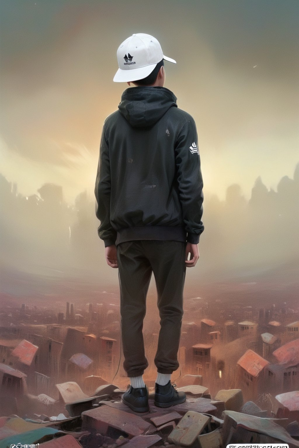 dystopian style, beautiful (A guy in a black adidas sports jacket and a white baseball cap), against the background of the city, gloomy, post-apocalyptic, gloomy, dramatic, very detailed, K-Eyes, digital artwork by Beksinski, PastelPunk,digital artwork by Beksinski