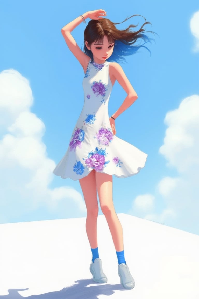 hntdlnwrk style, aesthetic, 

An animated image of a twenty-year-old girl in a white dress with purple and blue flowers. The girl is standing on a white surface. The background is light blue with white clouds in the sky. A girl's shadow is visible on the ground behind her. She has brown and blue hair. She has dark eyes and her hair is blowing in the wind. Her right hand is raised above her head. The left hand rests on the hip. She has a bracelet on her right wrist. She's wearing white shoes with blue socks.

art, colored pencil, sketch, painting, paper texture,art_solyanka,SKP-highly detailed,SamYoung_Illustration,fluxtration