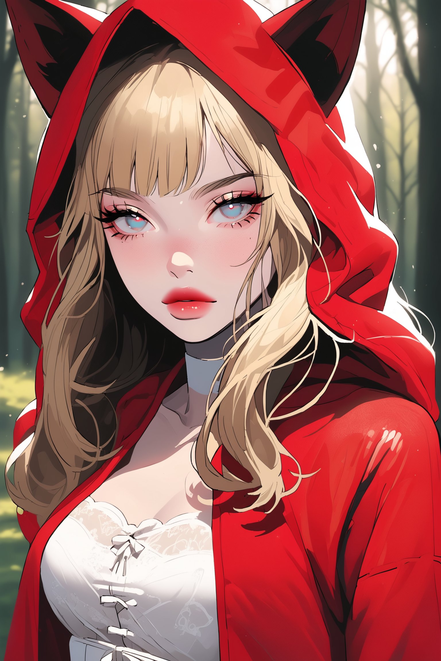  In the vibrant world of At the Gates, Viktorija Moody's Game art, Amber and Resplendent Dynamic captures a moment, An intricate digital illustration,

1girl, solo, long hair, looking at viewer, dress, animal ears, outdoors, hood, cape, tree, lips, animal, nature, forest, stairs, wolf, red hood, little red riding hood \(grimm\). a medium-sized doll stands in a field of tall, dry grass. The doll, dressed in a red coat, is adorned with a white corset and a blue skirt adorned with white embroidery. Her blonde hair is cascading down her shoulders, framing her face. She is standing in a forest, with a wolf standing to her left. The wolf is facing the viewer, its head slightly tilted slightly to the left. Its fur is a mix of gray and black, and its eyes are a lighter shade of brown. The woman's hair is long and wavy, adding a pop of color to the scene. The trees in the background are casting a shadow on the left side of the image, adding depth to the composition.

The background is blurred, which creates a sharp contrast with the character's outfit. text "DRAUKA" text.

volumetric lighting, brutalism. Framed at 270mm with a shallow depth of field. art, colored pencil, sketch, painting, paper texture, K-Eyes,Text,Vu33