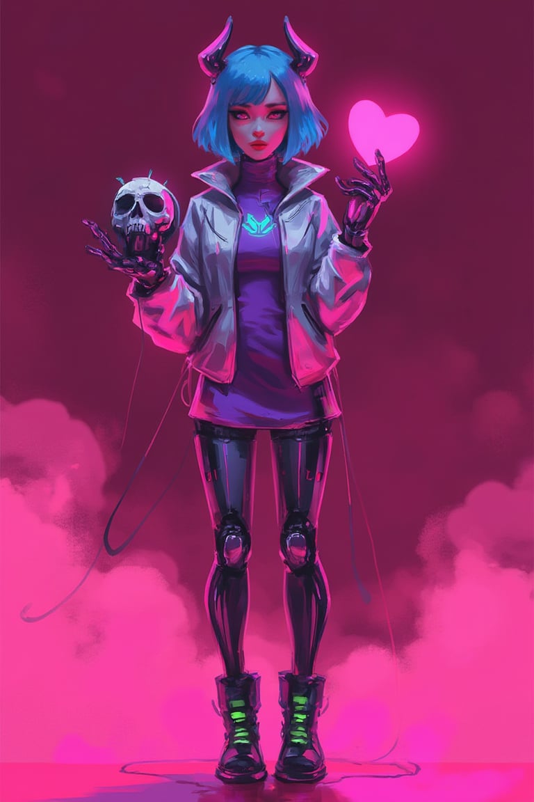 hntdlnwrk style, aesthetic, 

1girl, solo, breasts, looking at viewer, short hair, gloves, dress, blue hair, standing, jacket, full body, heart, pantyhose, parted lips, horns, fingerless gloves, pink eyes, cropped jacket, The cartoon character stands against an abstract maroon background in clouds of pink smoke. She's wearing a silver jacket and a purple top. She has bionic cybernetic legs that glow with pink neon. There is a turquoise neon stripe running down the center of the chest, and a pair of black and green boots with neon soles on the feet. Her hair is a bright shade of blue, and her eyes are a piercing pink. In her right hand she holds a skull with a pink heart above it, and her left hand is raised up. On her head she has cybernetic horns with pink neon lights.
 cyberpunk. Minimalism. 

art, colored pencil, sketch, painting, paper texture,art_solyanka,SKP-highly detailed,SamYoung_Illustration,fluxtration,ohwx style,chinese ink drawing