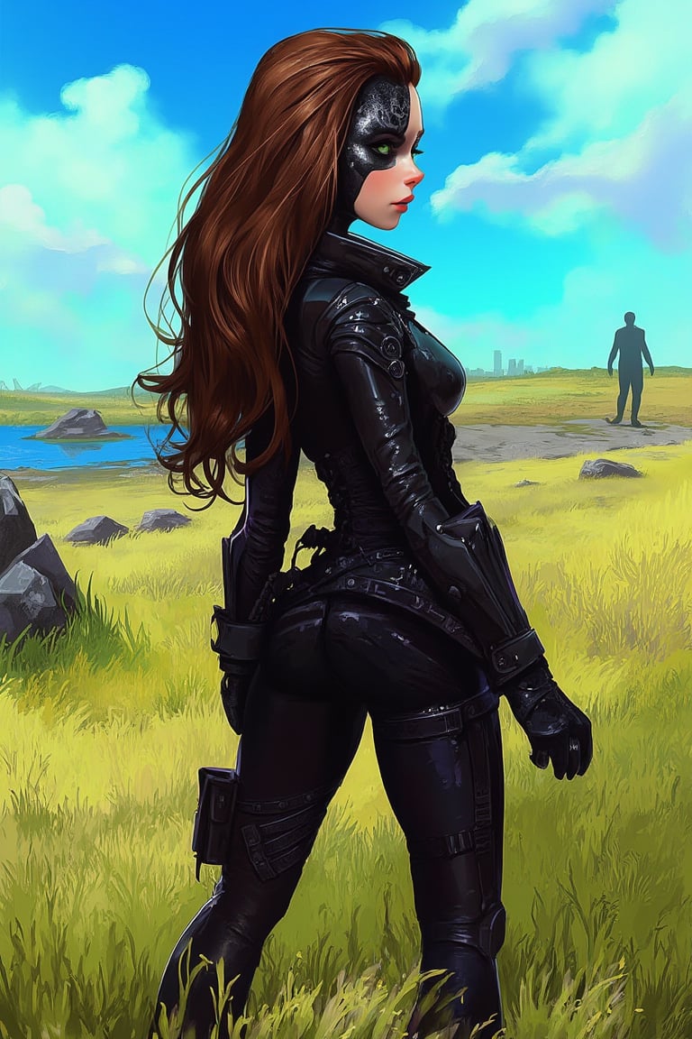 hntdlnwrk style, aesthetic, mad-vprwv cyberpunk,

A cartoon girl with long brown hair, dressed in black leather clothes and a black patch over one eye with a skull image. She has piercing green eyes and her hair cascades over her shoulders. She stands in the middle of a grassy field, with a large stone lying to her left. A pond is visible in the distance, and a man is walking in the distance. The sky is blue, dotted with white clouds, adding a pop of color to the scene.

neon, vaporwave.

art, colored pencil, sketch, painting, paper texture,art_solyanka,SKP-highly detailed,SamYoung_Illustration,fluxtration