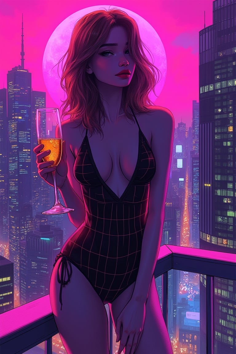 hntdlnwrk style, aesthetic, mad-vprwv cyberpunk woman, crowded rooftop party on skyscraper,magenta moon, dress, neon, grid on clothes, holding a drinking sparkling wine, light smile, swimwear, vaporwave.

art, colored pencil, sketch, painting, paper texture,art_solyanka,SKP-highly detailed,SamYoung_Illustration