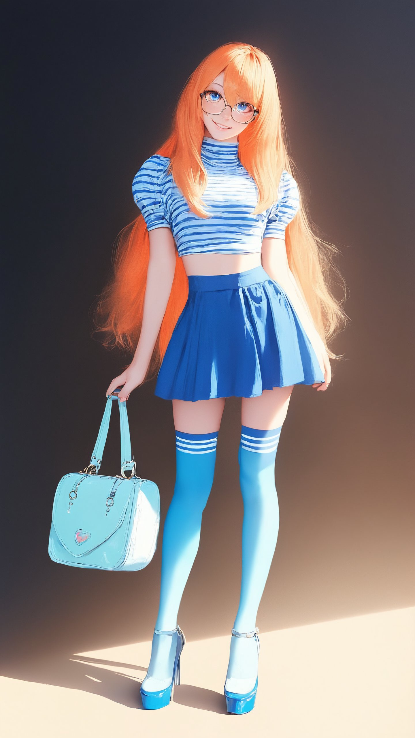 STICKER ON A WHITE BACKGROUND. green holographic silhouette, knee socks.
1girl, solo, long hair, looking at viewer, smile, bangs, blue eyes, skirt, simple background, shirt, thighhighs, hair between eyes, very long hair, standing, full body, short sleeves, heart, shoes, glasses, striped, puffy sleeves, signature, bag, orange hair, high heels, blue skirt, crop top, head tilt, turtleneck, black background, blue footwear, striped shirt, handbag, shoulder bag, blue thighhighs, aqua footwear.
photo shoot, photo_realism.
dynamic view, shadows and dynamic lighting, soft lighting, dynamic view, splitter effect, waifu. Stylish. Cute, hot, shiny. Highly detailed uhd wallpaper, cel digital animation

,neon photography style,K-Eyes,score_9,score_8_up,score_7_up,