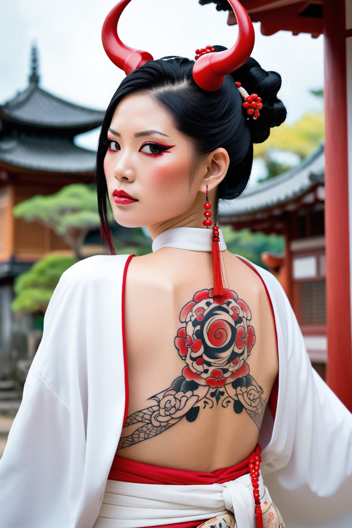 a medium-sized Asian woman, dressed in a kimono, adorned with a white face adorned with red eyes and red horns. Her black hair is cascading down her back, adding a pop of color to her face. The woman's face is adorned with tattoos, including a red necklace with a design on it. Her hair is styled in a ponytail, adding depth to the composition. The background is a stark white, creating a stark contrast to the vibrant colors of the scene. To the left of the woman, a pagoda-like structure is visible, adding to the overall composition.,1girl