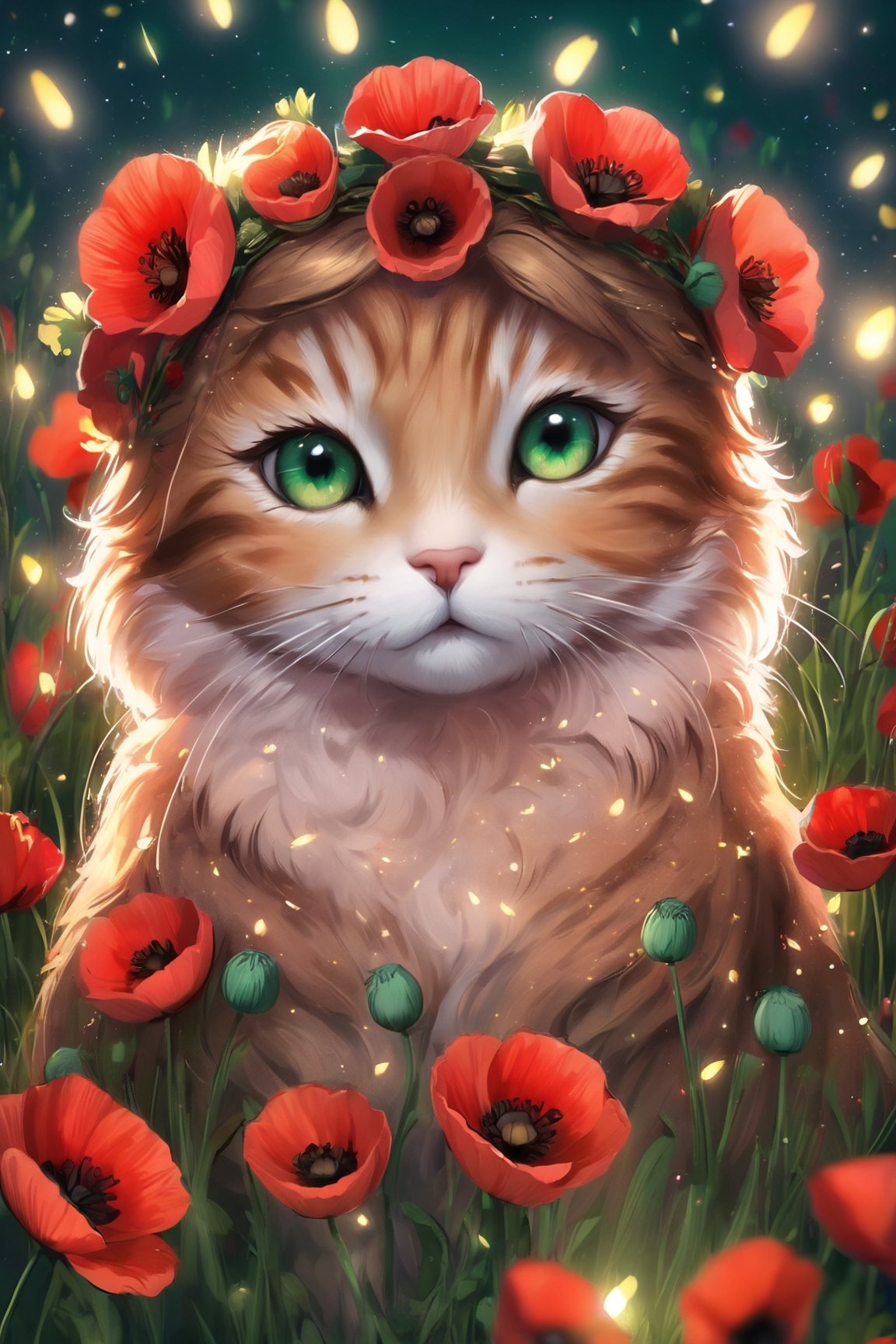 Realistic cat in a flower wreath of poppy flowers, brown wool with stripes, golden sparks in emerald eyes, a night poppy garden with glowing little fireflies in the background, divine lighting, cute, 4k, unreal engine 5, K-Eyes