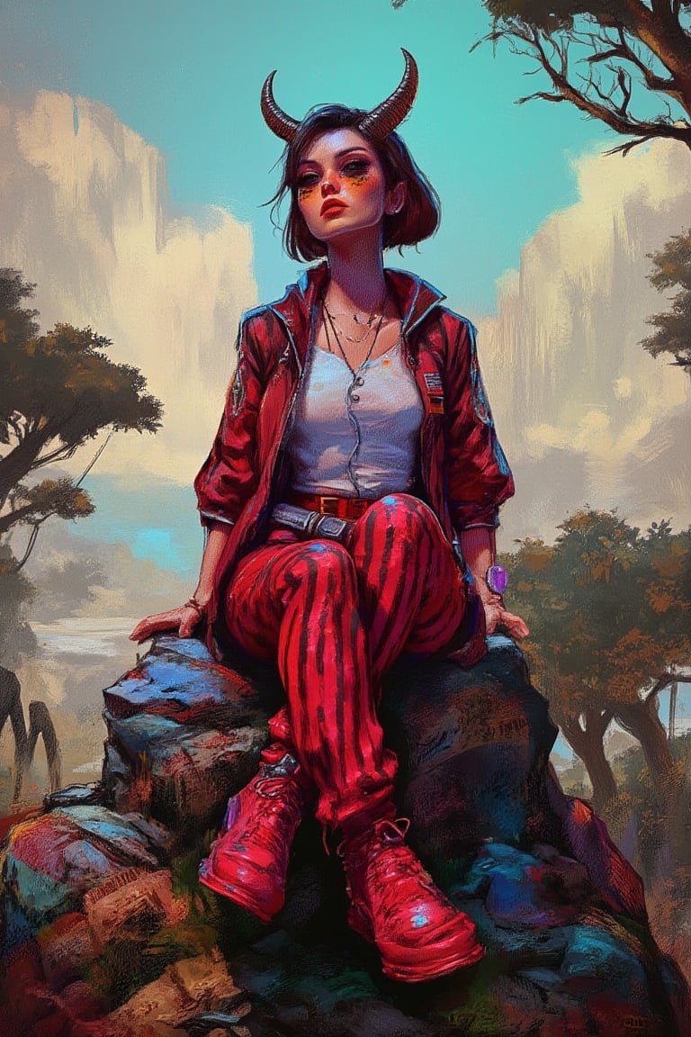 hntdlnwrk style, aesthetic, mad-vprwv cyberpunk,

a cartoon character, dressed in a red jacket, adorned with a white button-down shirt and red striped pants. The character's head is adorned with two horns, one on each side of her head . She is sitting on a rock, her legs crossed, and her hands resting on her knees. The background is blurred, revealing a mountain range, dotted with trees and foliage. The sky is a muted blue, with a few wispy clouds, adding a pop of color to the scene.

neon, vaporwave.

art, colored pencil, sketch, painting, paper texture,art_solyanka,SKP-highly detailed,SamYoung_Illustration,fluxtration