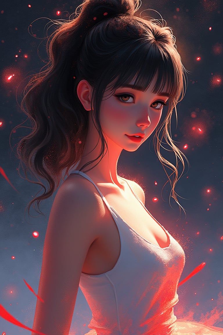 aesthetic,
chromatic aberration, sineprin,1girl, black hair, black eyes, looking at viewer, misty background with falling comets, starry sky background, red highlights, white dress with magical effects, upper body, ponytail, closed lips, slender, dynamic pose, emphasized meteor shower, shooting stars in the sky,

lightweight design, intricate details, legendofnerd style, BREAK abstract structure on background, 

colored pencil, sketch, painting, paper texture,art_solyanka,SKP-highly detailed,SamYoung_Illustration