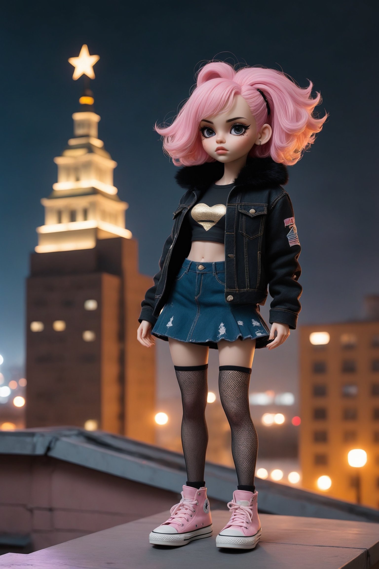 The rebel girl confidently stands on the roof of the Khrushchev building. Her pink hair is tousled and contrasts with her short black fur coat. She is wearing a denim skirt, fishnet tights and gold Converse sneakers. Her hand gesture radiates defiance. The night metropolis is filled with flickering lights. detail correct anatomy, geometry neon, articulated doll bjd, K-Eyes, action shot