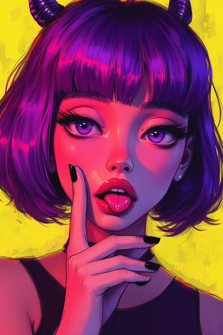 hntdlnwrk style, aesthetic, mad-vprwv cyberpunk,

A digital art painting of a woman, core_9,score_8_up,score_7_up,score_6_up, 1girl, solo, tongue, purple eyes, tongue out, bangs, looking at viewer, makeup, black nails, short hair, purple hair, fang, portrait, nail polish, bob cut, eyeliner, close-up, oni horns, yellow background, eyeshadow, eyelashes, short eyebrows, fingernails, blunt bangs, open mouth, finger to mouth, thick eyebrows.

neon, vaporwave.

art, colored pencil, sketch, painting, paper texture,art_solyanka,SKP-highly detailed,SamYoung_Illustration,fluxtration