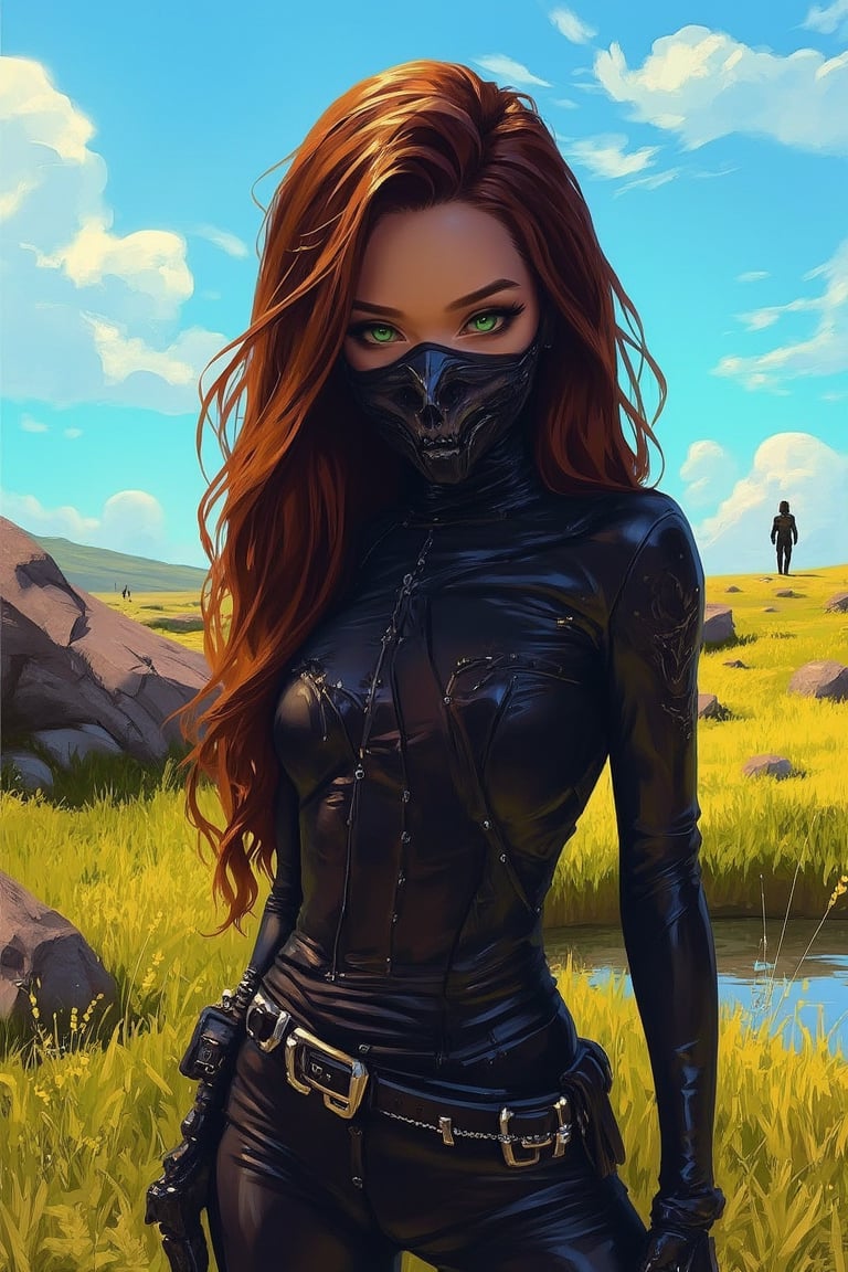 hntdlnwrk style, aesthetic, mad-vprwv cyberpunk,

a cartoon girl with long brown hair, wearing a black leather outfit and a black mask with a skull on it. Her eyes are a piercing green, and her hair cascades over her shoulders. She is standing in a field of grass, with a large rock to the left of her. In the distance, a body of water can be seen, and a person is walking in the distance. The sky is blue, dotted with white clouds, adding a pop of color to the scene.

neon, vaporwave.

art, colored pencil, sketch, painting, paper texture,art_solyanka,SKP-highly detailed,SamYoung_Illustration,fluxtration