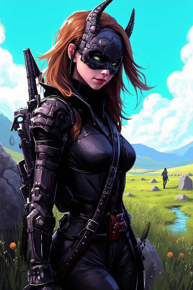 hntdlnwrk style, aesthetic, mad-vprwv cyberpunk,

a cartoon girl with long brown hair, wearing a black leather outfit and a black mask with a skull on it. Her eyes are a piercing green, and her hair cascades over her shoulders. She is standing in a field of grass, with a large rock to the left of her. In the distance, a body of water can be seen, and a person is walking in the distance. The sky is blue, dotted with white clouds, adding a pop of color to the scene.

neon, vaporwave.

art, colored pencil, sketch, painting, paper texture,art_solyanka,SKP-highly detailed,SamYoung_Illustration,fluxtration