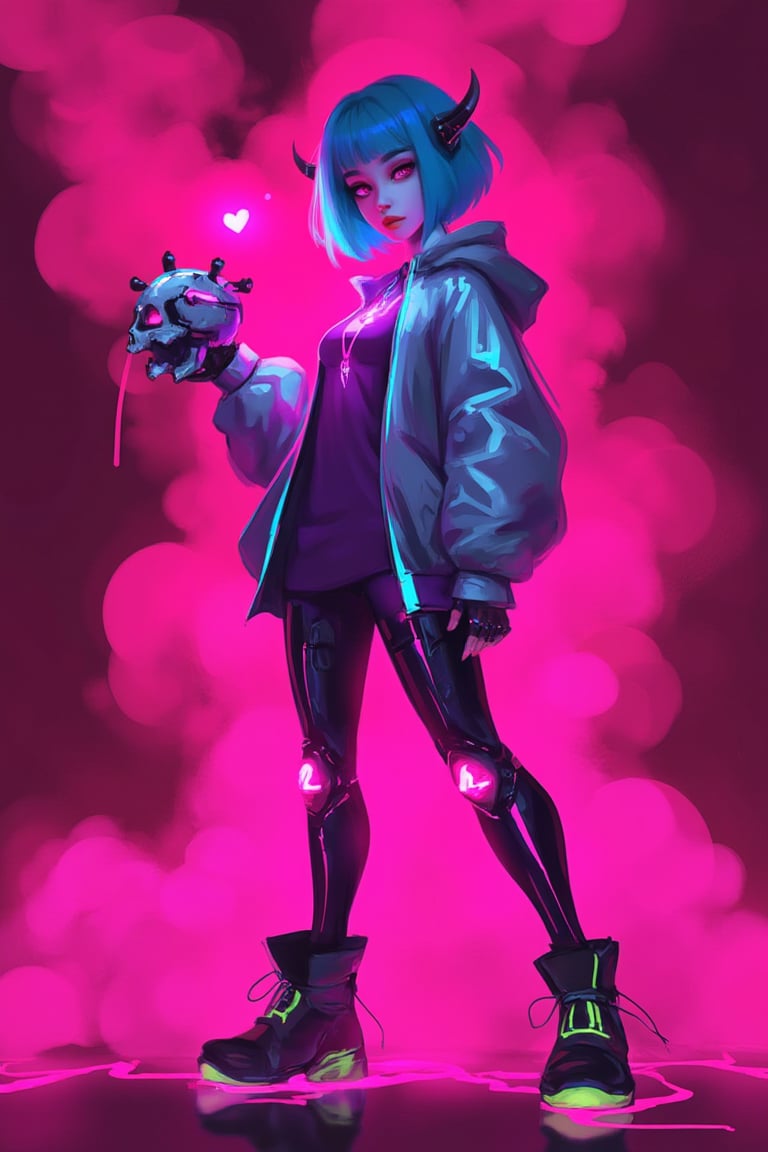 hntdlnwrk style, aesthetic, 

1girl, solo, breasts, looking at viewer, short hair, gloves, dress, blue hair, standing, jacket, full body, heart, pantyhose, parted lips, horns, fingerless gloves, pink eyes, cropped jacket, The cartoon character stands against an abstract maroon background in clouds of pink smoke. She's wearing a silver jacket and a purple top. She has bionic cybernetic legs that glow with pink neon. There is a turquoise neon stripe running down the center of the chest, and a pair of black and green boots with neon soles on the feet. Her hair is a bright shade of blue, and her eyes are a piercing pink. In her right hand she holds a skull with a pink heart above it, and her left hand is raised up. On her head she has cybernetic horns with pink neon lights.
 cyberpunk. Minimalism. 

art, colored pencil, sketch, painting, paper texture,art_solyanka,SKP-highly detailed,SamYoung_Illustration,fluxtration,ohwx style,chinese ink drawing