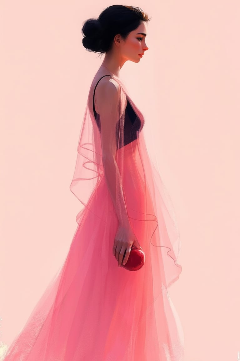 hntdlnwrk style, aesthetic, 

An abstract digital art painting depicting a woman in a semi-transparent modest pink dress and a black bra. Portrait in profile, A woman holding an apple in her right hand. On her head she has a black plain little scarf. abstract minimalistic pastel light pink background. Minimalism. 

art, colored pencil, sketch, painting, paper texture,art_solyanka,SKP-highly detailed,SamYoung_Illustration,fluxtration