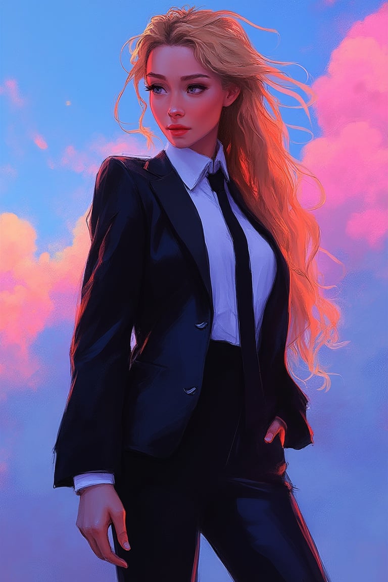 hntdlnwrk style, aesthetic, mad-vprwv cyberpunk woman, An animated image of a woman with long, wavy blonde hair. She is wearing a black suit with a white shirt and a black tie. The woman's left hand is resting on her hip. Her right hand is positioned on the right side of the image. The background is a mix of blue, pink, and white clouds., neon,  vaporwave.

art, colored pencil, sketch, painting, paper texture,art_solyanka,SKP-highly detailed,SamYoung_Illustration