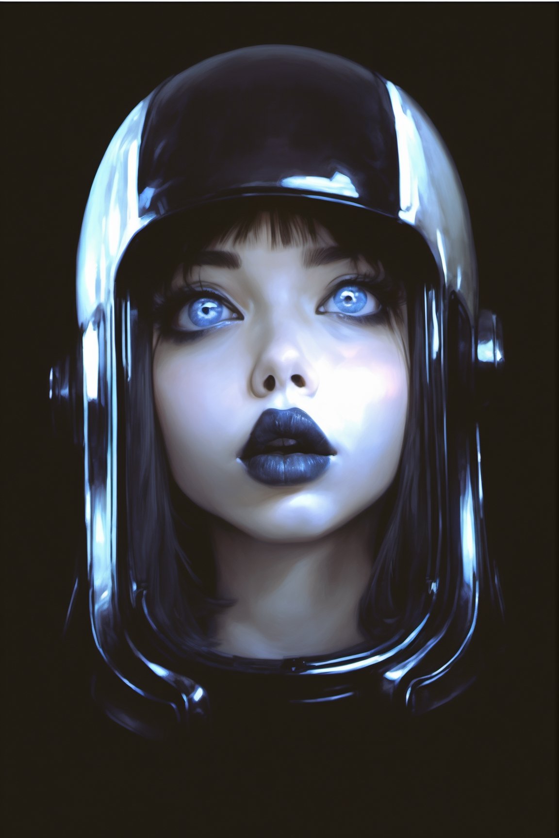 (1girl) beautiful eyes, high detail, ((clear face)), light falls on her face, art by Masamune Shirow, art by J.C. Leyendecker, {{front facing}}},  {{{facing the viewer}}}, a masterpiece, stunning beauty, hyper-realistic oil painting, vibrant colors, a xenomorph, dark chiarascuro lighting, a telephoto shot, 1000mm lens, f2,8, ,digital artwork by Beksinski, beautiful girl in space helmet with see through visor, Gopn1k, DonMD4rk3lv3sXL, beyond_the_black_rainbow, K-Eyes