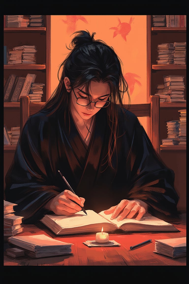 hntdlnwrk style, aesthetic, 

solo, long hair, black hair, long sleeves, 1boy, holding, sitting, male focus, japanese clothes, glasses, indoors, kimono, book, chair, border, table, messy hair, robe, open book, candle, black border, book stack, writing. An animated image of a man with long black hair and glasses. He is wearing a black kimono and is sitting at a brown wooden table. He has a pen in his right hand and a pencil in his left. There is a lighted candle on the table in front of him. There are shelves lined with books on both sides of it. Minimalism. 

art, colored pencil, sketch, painting, paper texture,art_solyanka,SKP-highly detailed,SamYoung_Illustration,fluxtration,ohwx style,chinese ink drawing