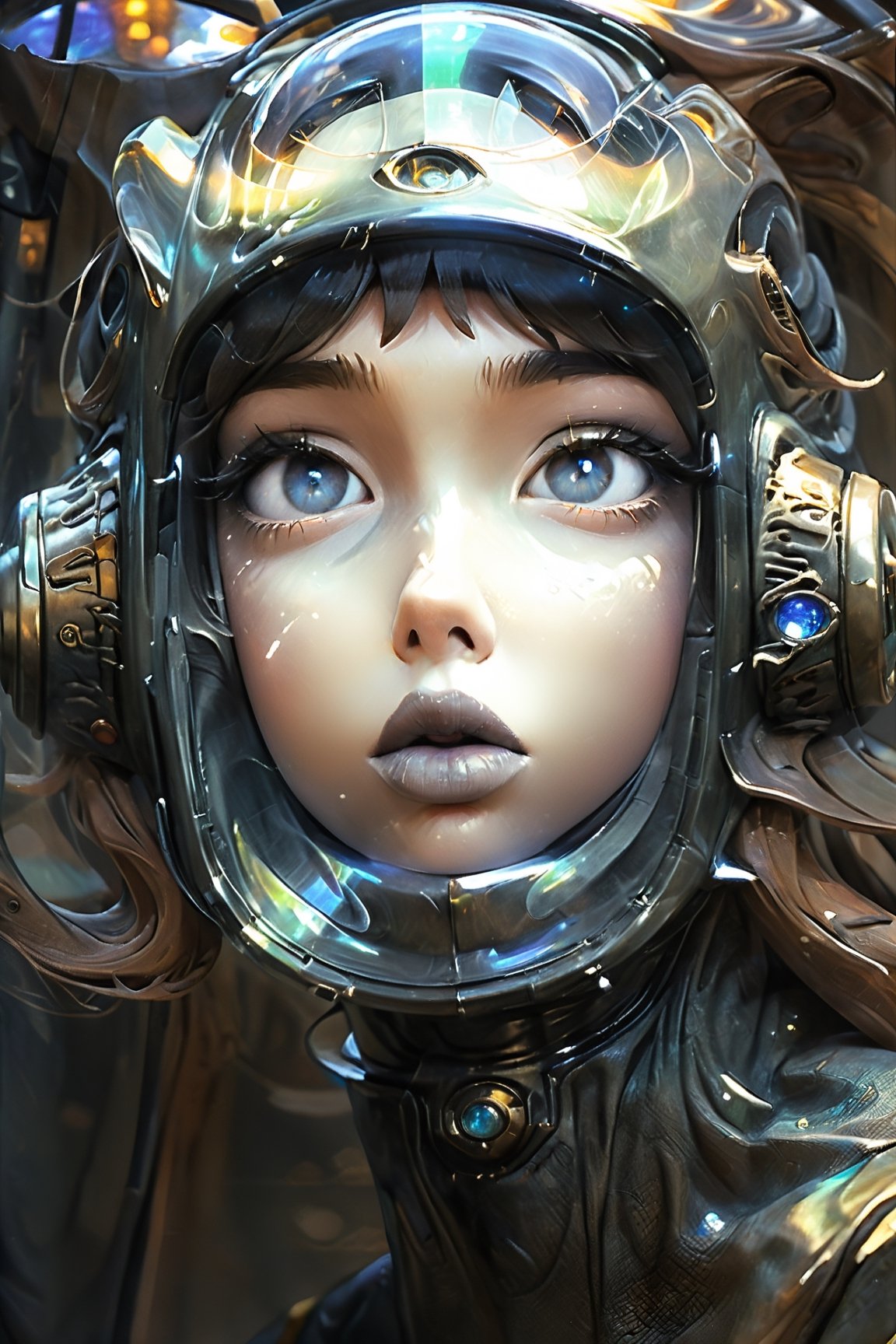 (1girl) beautiful eyes, high detail, ((clear face)), light falls on her face, art by Masamune Shirow, art by J.C. Leyendecker, {{front facing}}},  {{{facing the viewer}}}, a masterpiece, stunning beauty, hyper-realistic oil painting, vibrant colors, a xenomorph, dark chiarascuro lighting, a telephoto shot, 1000mm lens, f2,8, ,digital artwork by Beksinski, beautiful girl in space helmet with see through visor, Gopn1k, DonMD4rk3lv3sXL, beyond_the_black_rainbow, K-Eyes,K-Eyes,action shot