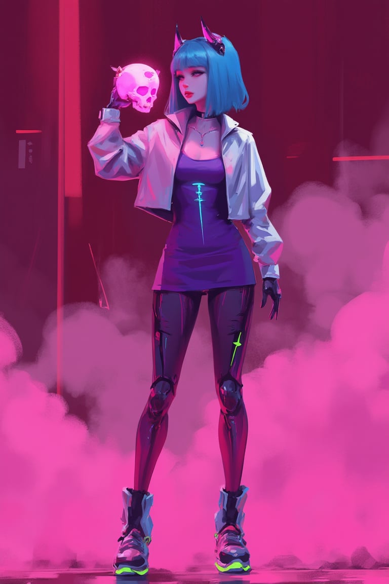 hntdlnwrk style, aesthetic, 

1girl, solo, breasts, looking at viewer, short hair, gloves, dress, blue hair, standing, jacket, full body, heart, pantyhose, parted lips, horns, fingerless gloves, pink eyes, cropped jacket, The cartoon character stands against an abstract maroon background in clouds of pink smoke. She's wearing a silver jacket and a purple top. She has bionic cybernetic legs that glow with pink neon. There is a turquoise neon stripe running down the center of the chest, and a pair of black and green boots with neon soles on the feet. Her hair is a bright shade of blue, and her eyes are a piercing pink. In her right hand she holds a skull with a pink heart above it, and her left hand is raised up. On her head she has cybernetic horns with pink neon lights.
 cyberpunk. Minimalism. 

art, colored pencil, sketch, painting, paper texture,art_solyanka,SKP-highly detailed,SamYoung_Illustration,fluxtration,ohwx style,chinese ink drawing