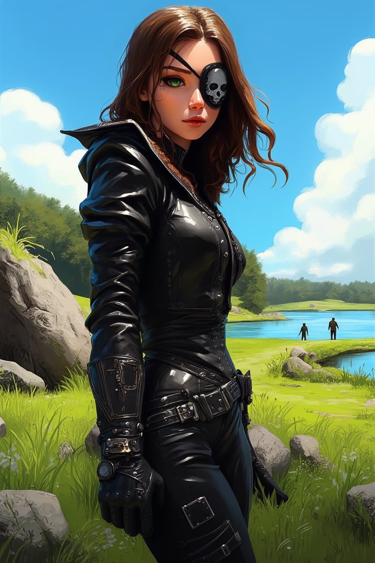 hntdlnwrk style, aesthetic, mad-vprwv cyberpunk,

A cartoon girl with long brown hair, dressed in black leather clothes, a pirate patch on one eye with a skull image. She has piercing green eyes and her hair cascades over her shoulders. She stands in the middle of a grassy field, with a large stone lying to her left. A pond is visible in the distance, and a man is walking in the distance. The blue sky, dotted with white clouds, adds brightness to the landscape.

neon, vaporwave.

art, colored pencil, sketch, painting, paper texture,art_solyanka,SKP-highly detailed,SamYoung_Illustration,fluxtration