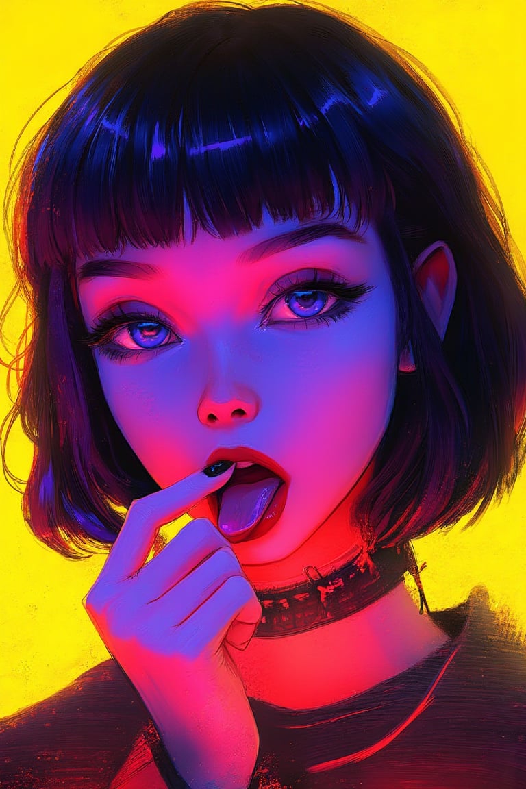 hntdlnwrk style, aesthetic, mad-vprwv cyberpunk,

A digital art painting of a woman, core_9,score_8_up,score_7_up,score_6_up, 1girl, solo, tongue, purple eyes, tongue out, bangs, looking at viewer, makeup, black nails, short hair, purple hair, fang, portrait, nail polish, bob cut, eyeliner, close-up, oni horns, yellow background, eyeshadow, eyelashes, short eyebrows, fingernails, blunt bangs, open mouth, finger to mouth, thick eyebrows.

neon, vaporwave.

art, colored pencil, sketch, painting, paper texture,art_solyanka,SKP-highly detailed,SamYoung_Illustration,fluxtration