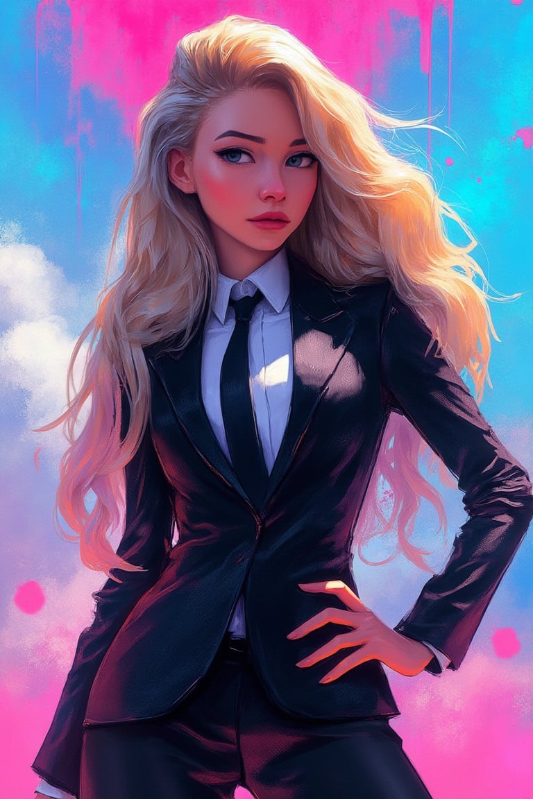 hntdlnwrk style, aesthetic, mad-vprwv cyberpunk woman, An animated image of a woman with long, wavy blonde hair. She is wearing a black suit with a white shirt and a black tie. The woman's left hand is resting on her hip. Her right hand is positioned on the right side of the image. The background is a mix of blue, pink, and white clouds., neon,  vaporwave.

art, colored pencil, sketch, painting, paper texture,art_solyanka,SKP-highly detailed,SamYoung_Illustration