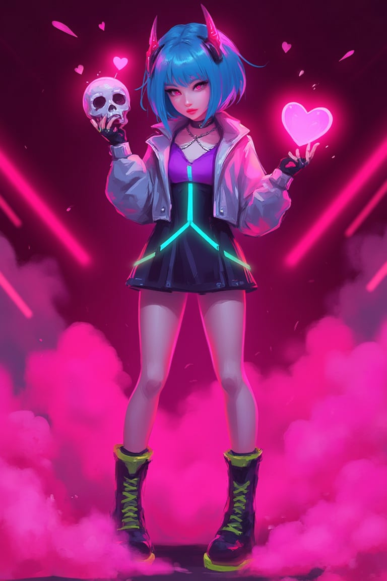 hntdlnwrk style, aesthetic, 

1girl, solo, breasts, looking at viewer, short hair, gloves, dress, blue hair, standing, jacket, full body, heart, pantyhose, parted lips, horns, fingerless gloves, pink eyes, cropped jacket, The cartoon character stands against an abstract maroon background in clouds of pink smoke. She's wearing a silver jacket and a purple top. She has bionic cybernetic legs that glow with pink neon. There is a turquoise neon stripe running down the center of the chest, and a pair of black and green boots with neon soles on the feet. Her hair is a bright shade of blue, and her eyes are a piercing pink. In her right hand she holds a skull with a pink heart above it, and her left hand is raised up. On her head she has cybernetic horns with pink neon lights.
 cyberpunk. Minimalism. 

art, colored pencil, sketch, painting, paper texture,art_solyanka,SKP-highly detailed,SamYoung_Illustration,fluxtration,ohwx style,chinese ink drawing