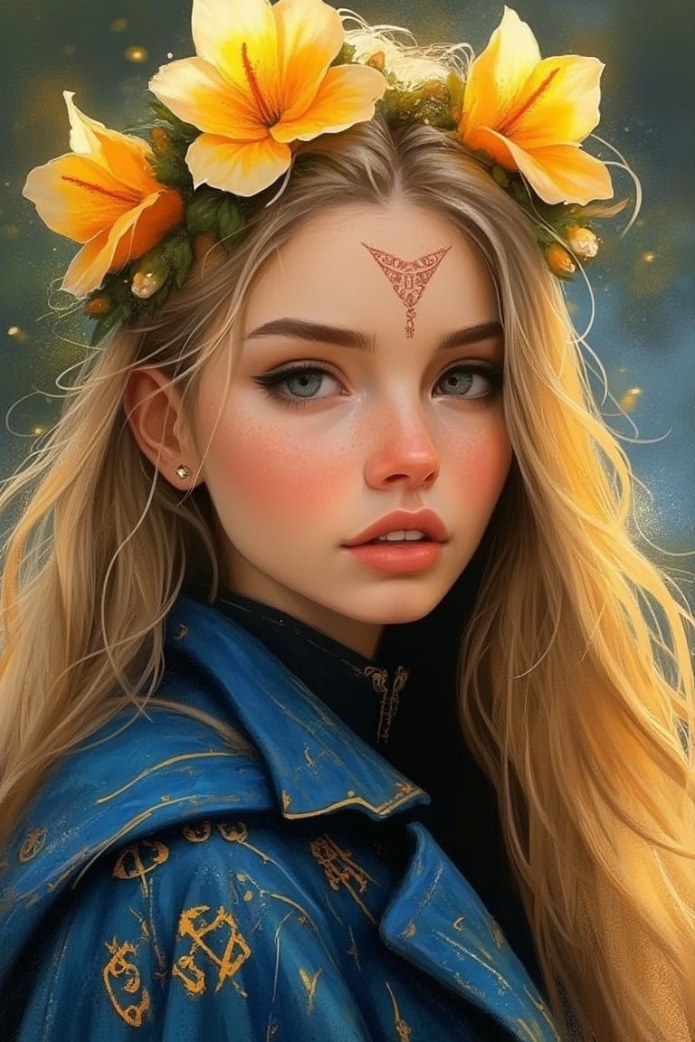 hntdlnwrk style, aesthetic, 

A waist-high portrait of a girl who looks like a porcelain doll with long blond hair, decorated with a crown of magical yellow flowers. A mystical small pattern of red paint is depicted on the girl's forehead, which gives the scene brightness and fabulousness. The background is blurred, which creates a sharp contrast with the girl's outfit. The woman's outfit is decorated with a dark blue with a gold pattern, a blue jacket with rune-like ornaments is draped over her shoulders.

art, colored pencil, sketch, painting, paper texture,art_solyanka,SKP-highly detailed,SamYoung_Illustration,fluxtration