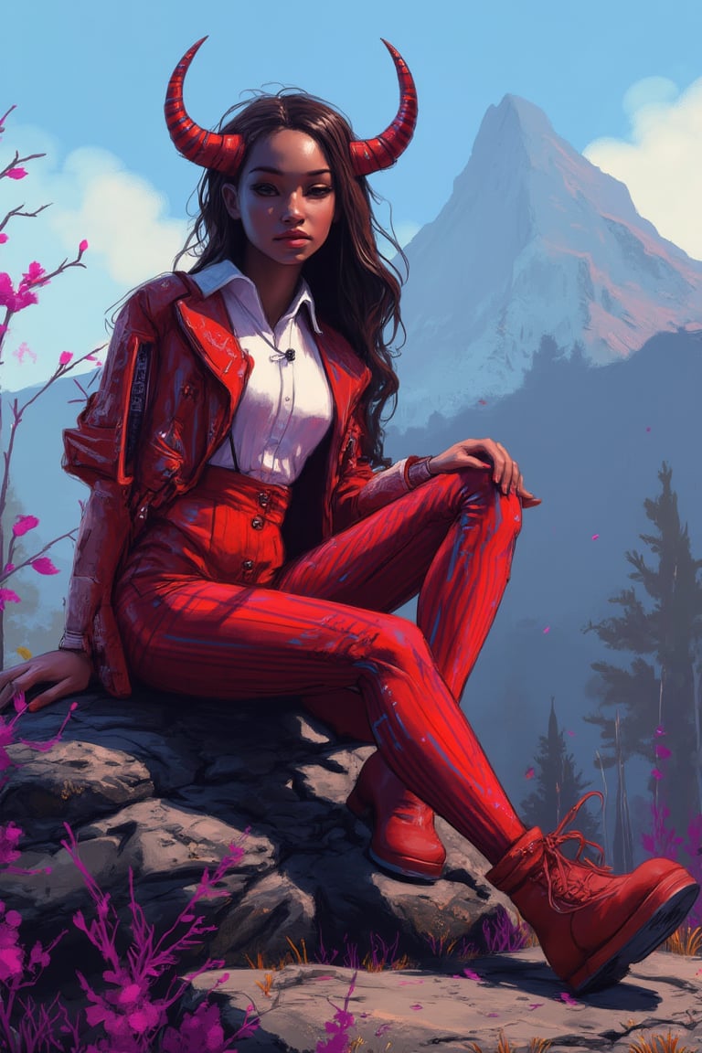 hntdlnwrk style, aesthetic, mad-vprwv cyberpunk,

a cartoon character, dressed in a red jacket, adorned with a white button-down shirt and red striped pants. The character's head is adorned with two horns, one on each side of her head . She is sitting on a rock, her legs crossed, and her hands resting on her knees. The background is blurred, revealing a mountain range, dotted with trees and foliage. The sky is a muted blue, with a few wispy clouds, adding a pop of color to the scene.

neon, vaporwave.

art, colored pencil, sketch, painting, paper texture,art_solyanka,SKP-highly detailed,SamYoung_Illustration,fluxtration