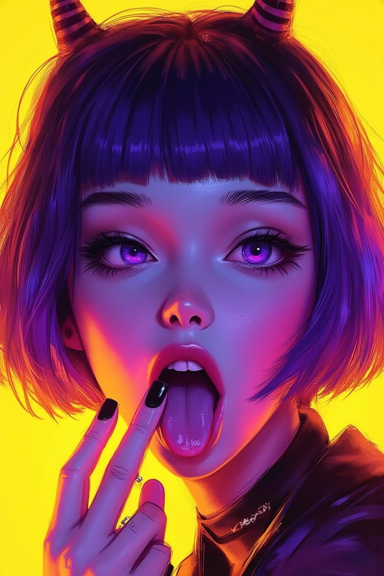 hntdlnwrk style, aesthetic, mad-vprwv cyberpunk,

A digital art painting of a woman, core_9,score_8_up,score_7_up,score_6_up, 1girl, solo, tongue, purple eyes, tongue out, bangs, looking at viewer, makeup, black nails, short hair, purple hair, fang, portrait, nail polish, bob cut, eyeliner, close-up, oni horns, yellow background, eyeshadow, eyelashes, short eyebrows, fingernails, blunt bangs, open mouth, finger to mouth, thick eyebrows.

neon, vaporwave.

art, colored pencil, sketch, painting, paper texture,art_solyanka,SKP-highly detailed,SamYoung_Illustration,fluxtration