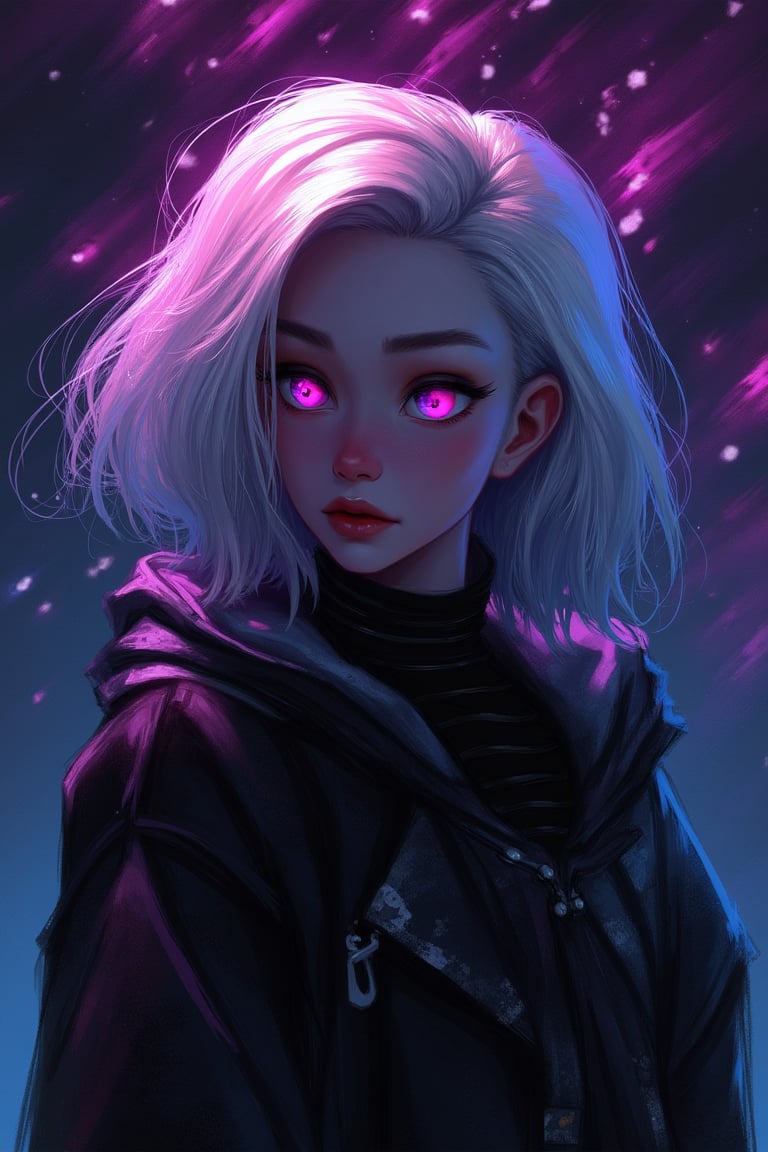 aesthetic, mixed with dark elements, high resolution, vibrant colors, realistic skin, fantasy, Digital painting, aesthetic, score_9, score_8_up, score_7_up, score_6_up, GLSHS, 1girl, white glowing hair, black lips, partially illuminated, dark theme, casual clothes lift, vibrant eyes, legendofnerd style, BREAK simple background, diagonal abstract structure on background,

art, colored pencil, sketch, painting, paper texture,art_solyanka,SKP-highly detailed,SamYoung_Illustration