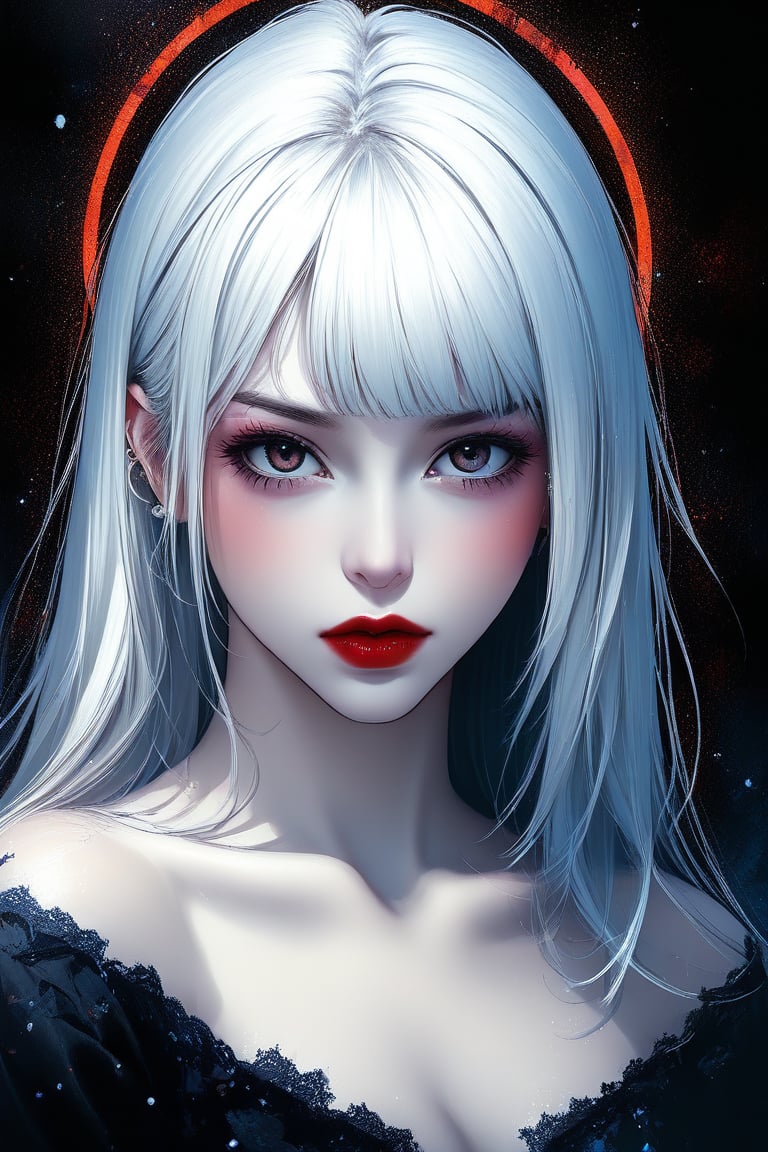 Stunning Overdetailed masterpiece, Marc Silvestri style, Victoria Frances style, manga  style, mixed with dark elements, high resolution, vibrant colors, realistic skin, fantasy, Digital painting, aesthetic, score_9, score_8_up, score_7_up, score_6_up, GLSHS, 1girl, white glowing hair, black lips, partially illuminated, dark theme, casual clothes lift, vibrant eyes, legendofnerd style, BREAK simple background, diagonal abstract structure on background,