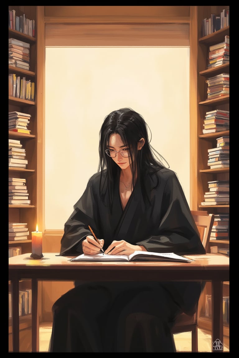 hntdlnwrk style, aesthetic, 

solo, long hair, black hair, long sleeves, 1boy, holding, sitting, male focus, japanese clothes, glasses, indoors, kimono, book, chair, border, table, messy hair, robe, open book, candle, black border, book stack, writing. An animated image of a man with long black hair and glasses. He is wearing a black kimono and is sitting at a brown wooden table. He has a pen in his right hand and a pencil in his left. There is a lighted candle on the table in front of him. There are shelves lined with books on both sides of it. Minimalism. 

art, colored pencil, sketch, painting, paper texture,art_solyanka,SKP-highly detailed,SamYoung_Illustration,fluxtration,ohwx style,chinese ink drawing