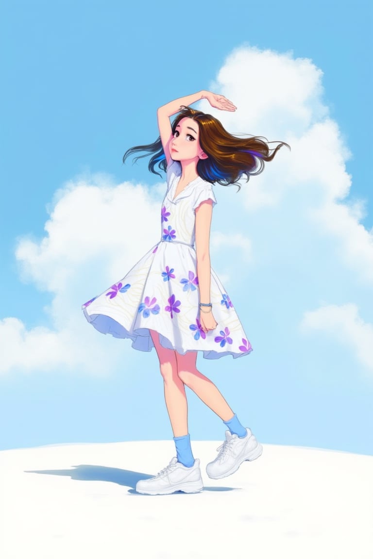 hntdlnwrk style, aesthetic, 

An animated image of a twenty-year-old girl in a white dress with purple and blue flowers. The girl is standing on a white surface. The background is light blue with white clouds in the sky. A girl's shadow is visible on the ground behind her. She has brown and blue hair. She has dark eyes and her hair is blowing in the wind. Her right hand is raised above her head. The left hand rests on the hip. She has a bracelet on her right wrist. She's wearing white shoes with blue socks.

art, colored pencil, sketch, painting, paper texture,art_solyanka,SKP-highly detailed,SamYoung_Illustration,fluxtration