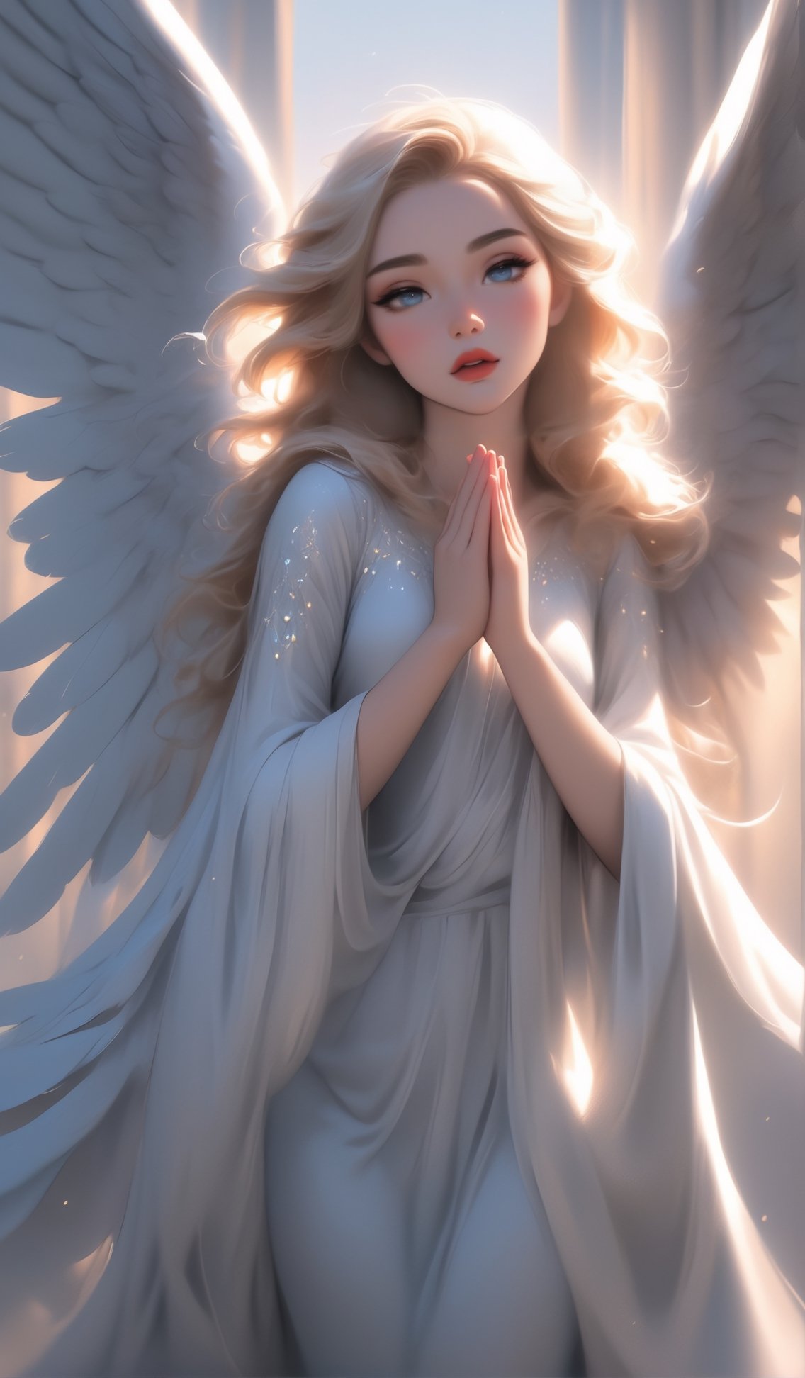 praying hands, beautiful angel wiht large wings, perfect hands, perfect fingers, (best quality, 4k, 8k, highres, masterpiece:1.2), ultra-detailed, (realistic, photorealistic, photo-realistic:1.37), cinematic, inner glowing shining, transparent body, beautiful detailed eyes, beautiful detailed lips, extremely detailed eyes and face, long eyelashes, soft flowing hair, graceful pose, ethereal atmosphere, soft ambient lighting, subtle color grading, sublime beauty, sublime beauty, ethereal background, captivating aura, magical scene, gentle mist, serene environment, surreal ambiance, impeccable composition, vivid colors, luminous glow, fantasy element, mysterious charm, dreamlike quality, hauntingly beautiful, peaceful expression, serene atmosphere, effortless elegance, enchanting allure, mesmerizing presence, sublime grace, angel wings, transcendent beauty, dinamic pose, cinematic, ((fantasy creature, beautiful view, motion blur, brushstrokes, concept art)), K-Eyes